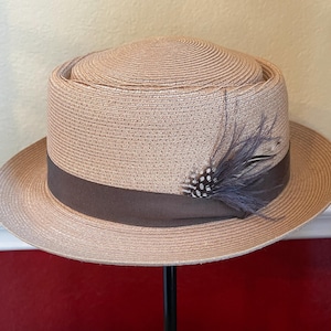 Vintage HAT PORK Pie Style Beige Size 7.5 Straw Hat Meyer the Hatter New Orleans LA