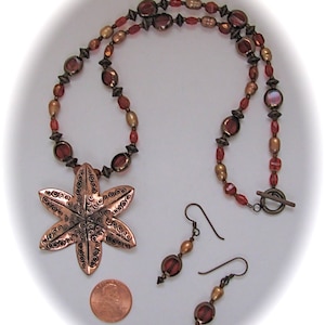 Etched Copper Starfish Pendant Necklace Earring Set, Ruby Red Glass StepInTime Design