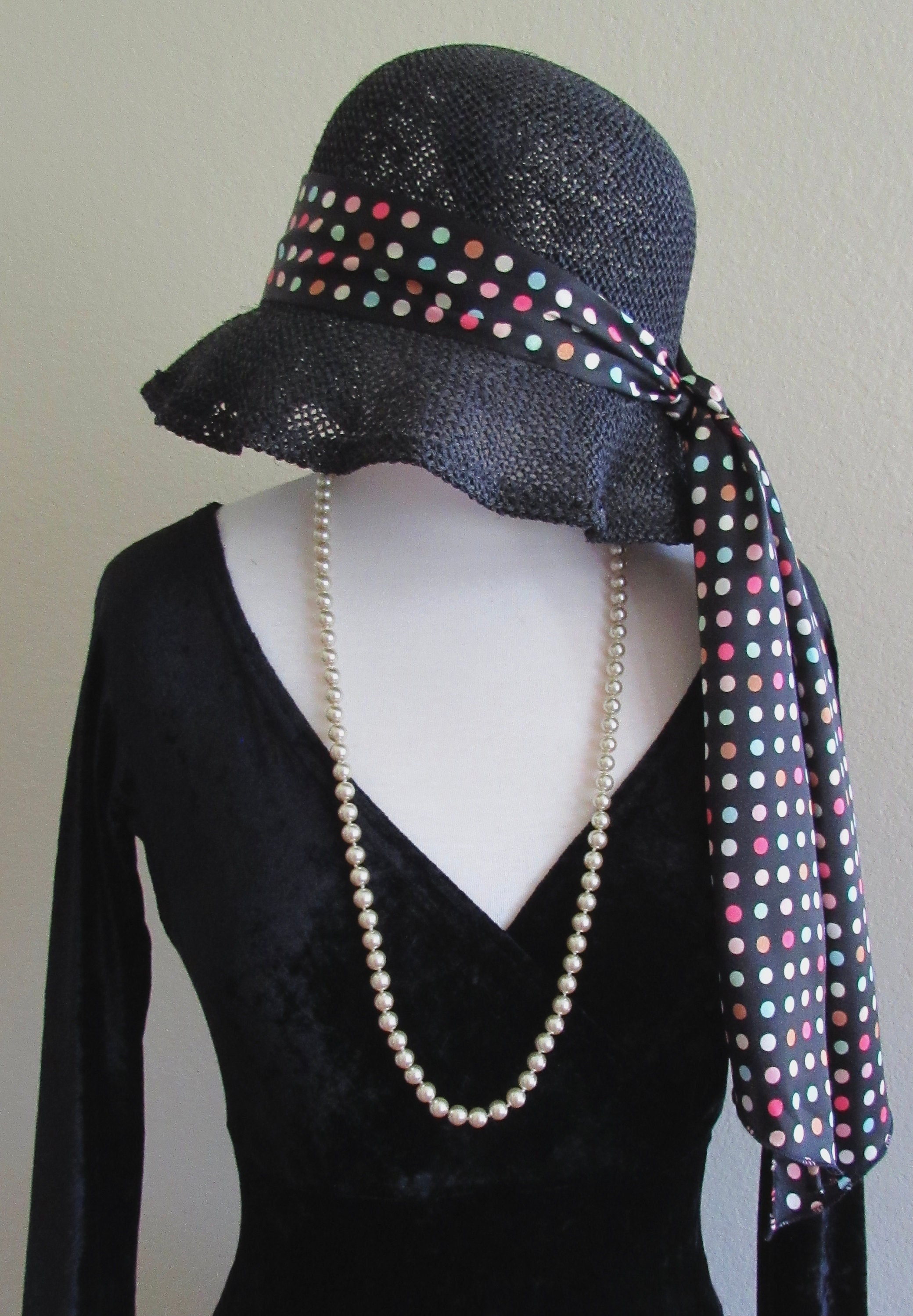 1960s Black Straw Sun Hat With Polka Dot Scarf (21.25 