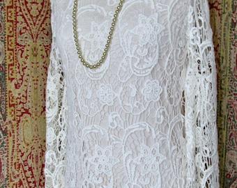 Vtg LACE TUNIC Crochet Dress Wedding Lined Size M