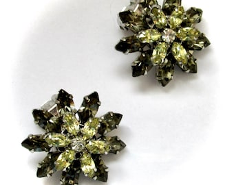 VTG Crystal Flower Clip On Earrings, Smokey Olive & Lime Signed Austria
