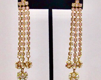 VTG Dangle Earrings, Gold Tone Rhinestone Ball Beads