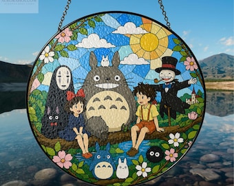 Studio Ghibli Suncatcher, Anime Stained Glass Window Hanging, Totoro No Face Calcifer Inspired Decor, Gift for Anime Lovers