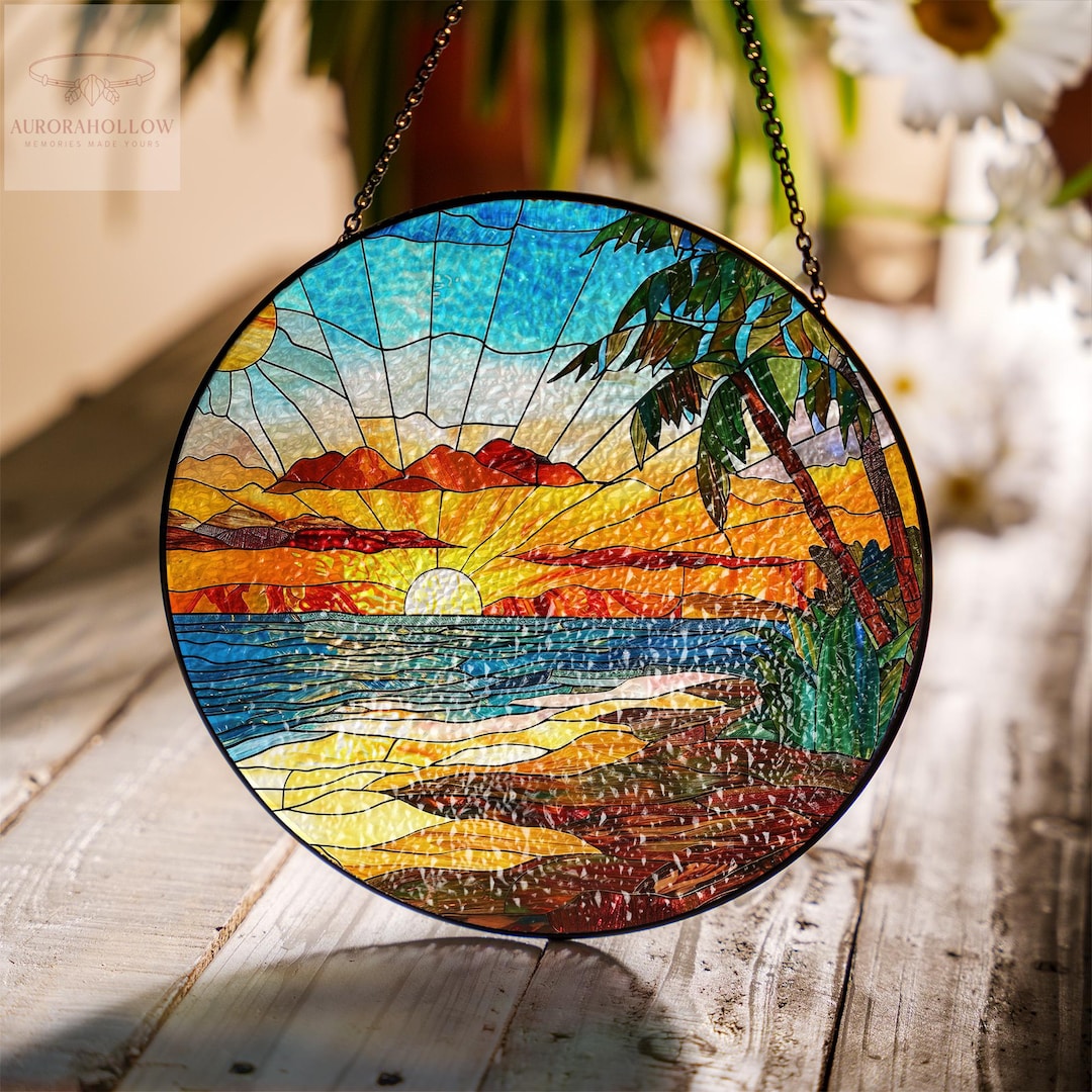 Tropical Sunset Stained Glass Suncatcher – Ocean Beach & Palm Tree ...