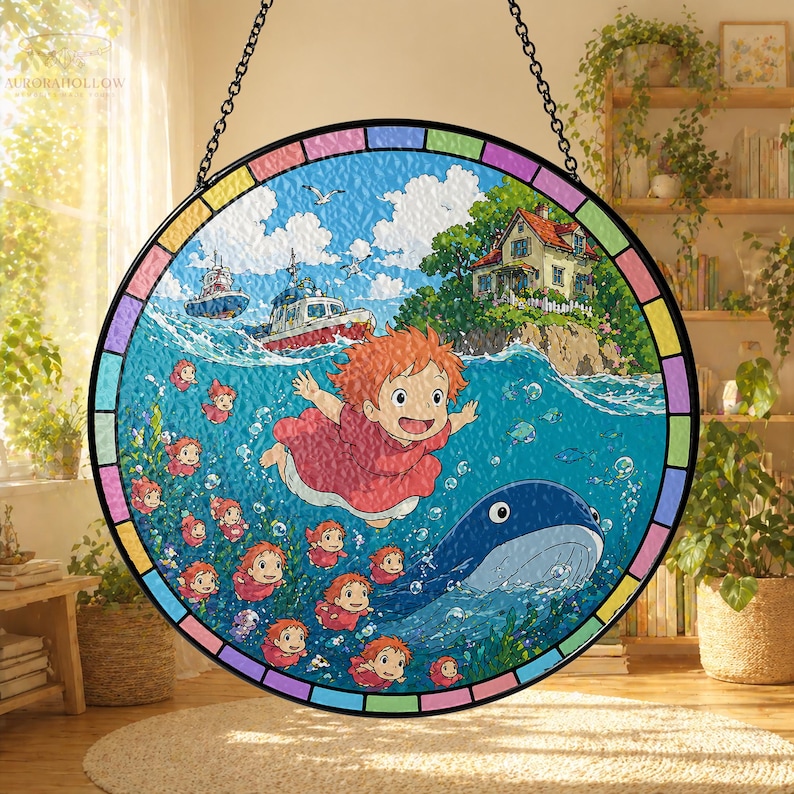 May include: Round stained glass window featuring a vibrant ocean scene with a cartoon character, boats, and a whale. The window has a colorful border and is suspended by a chain. The image evokes a sense of adventure and fantasy.