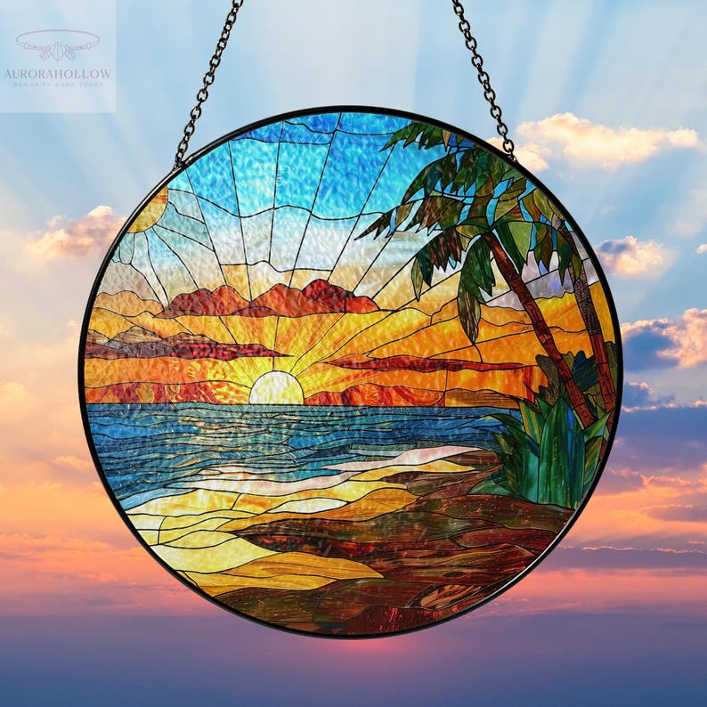 Tropical Sunset Stained Glass Suncatcher – Ocean Beach & Palm Tree ...