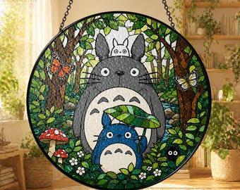 Totoro Forest Suncatcher Stained Glass Anime Window Hanging Nature Cat Decor Gift