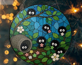 Soot Sprite Suncatcher, Anime Stained Glass Window Hanging, Cute Forest Spirit Decor, Studio Ghibli Inspired Gift for Anime Lovers