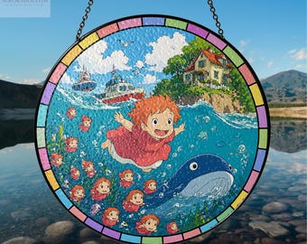 Ponyo Suncatcher Stained Glass, Studio Ghibli Window Hanging, Anime Ocean Decor, Cute Kawaii Room Decor, Rainbow Sun Catcher Gift