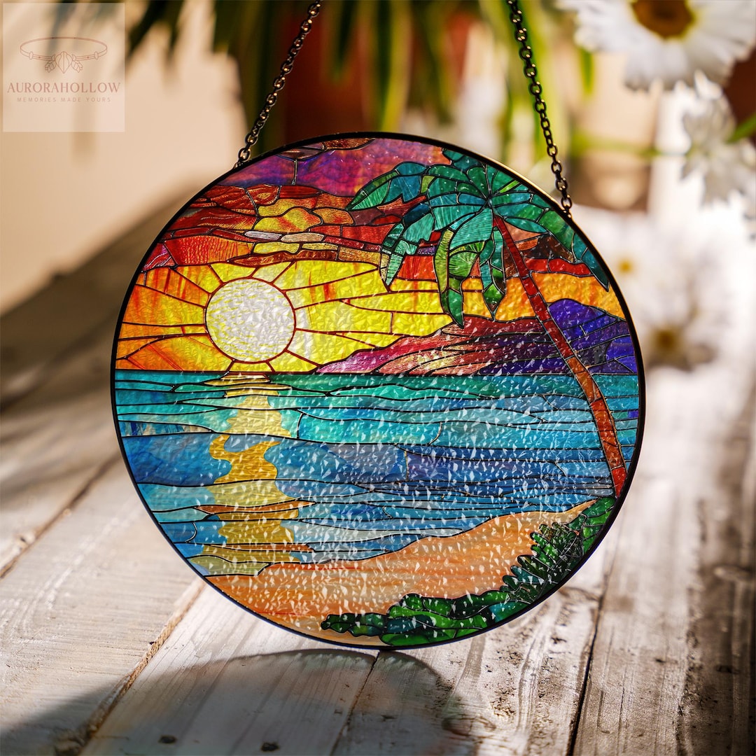 Tropical Palm Tree Stained Glass Suncatcher – Sunset Beach Ocean Window ...