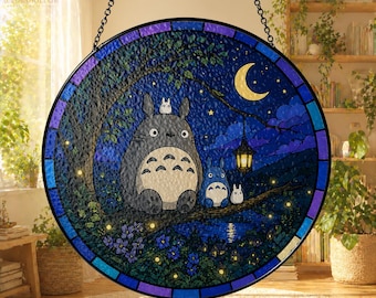 Totoro Stained Glass Window Hanging, Night Forest Anime Decor, Cute Ghibli Spirit Art, Moonlight Scene Home Decor, Gift for Her