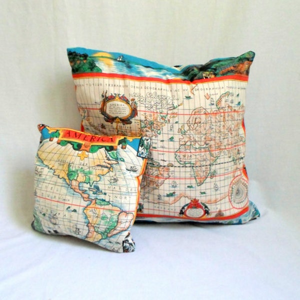RESERVED for Kate Vintage Map of the World Fabric Pillows