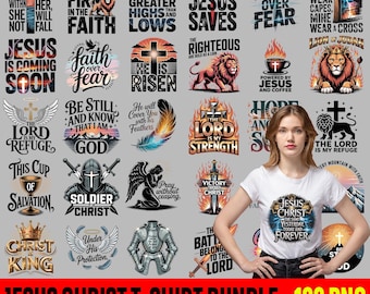 Pacchetto di 100 magliette cristiane in formato PNG: disegni di versetti della Bibbia (download digitale)