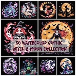 Watercolor Gothic Witch Clipart: Moon & Halloween PNGs (Digital Download, Commercial Use License)