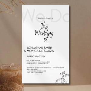 May include: A wedding invitation with the words "We Do" in a light gray font at the top. The invitation features the text "The Wedding of Johnathan Smith & Monica De Souza" and wedding rings.