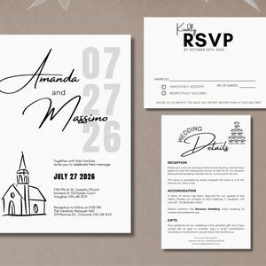 Puede incluir: Un conjunto de tres tarjetas de papelería de boda blancas. La tarjeta principal presenta los nombres "Amanda y Massimo" con la fecha "27 de julio de 2026". También se incluye una tarjeta RSVP y una tarjeta de detalles, con una escritura elegante y un diseño minimalista.