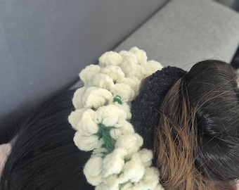 Handmade Floral Bun Cover | White & Green Crochet Hair Accessory | Bridal Updo Clip | Wedding Hairpiece