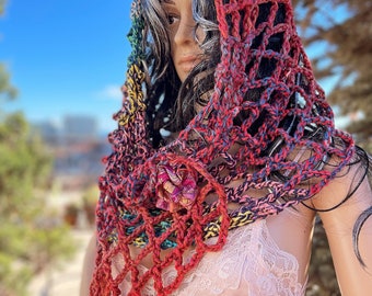 Boho style crocheted shawl or capuchon for autumn/Winter mori girl country chic style art to wear wearable art gift for her bohemian style