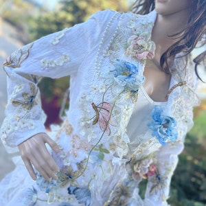 Art to wear linen jacket redesigned jacket fairy mori girl altered couture upcycled wearable art party wear  embellished jacket boho chic