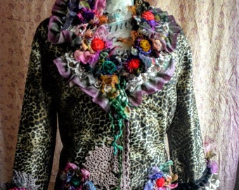 Altered couture coat Spring  hand made embellished leopard coat  wearable art coat gypsy jacket fairy coat mori girl tattered