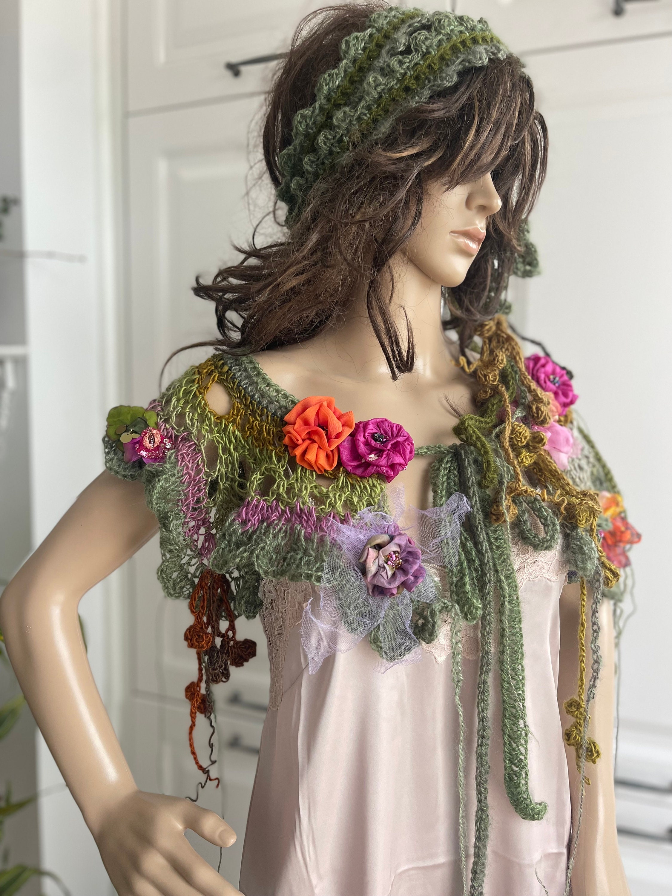 Bohemian crocheted shawl art to wear fairy gypsy style mori girl shrug wearable art shawl gift for her hippie style romantic accessoire