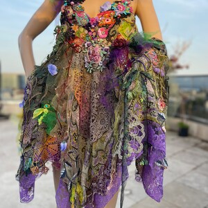 Bohemian tunic or short dress for woman in size S/M art to wear dress embellished upcycled dress boho chic dress fairy dress gypsy dress zdjęcie 7