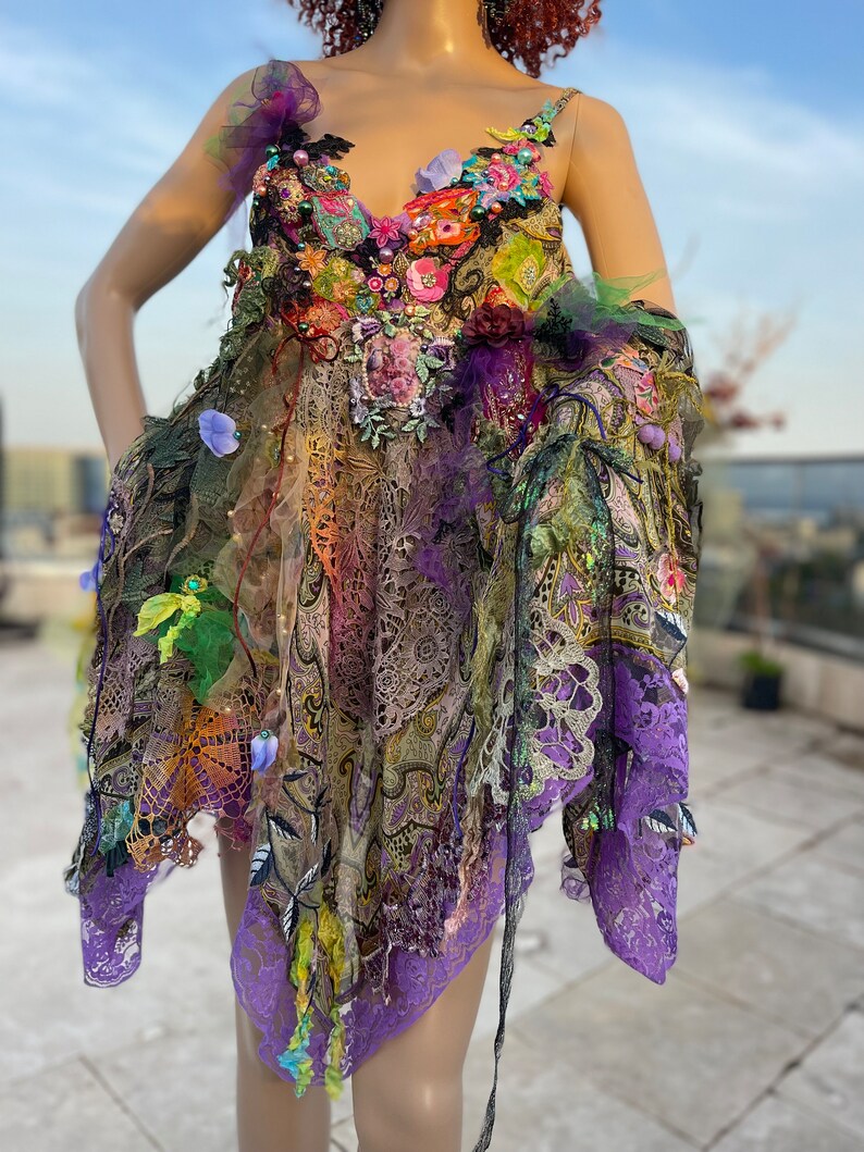 Bohemian tunic or short dress for woman in size S/M art to wear dress embellished upcycled dress boho chic dress fairy dress gypsy dress zdjęcie 7