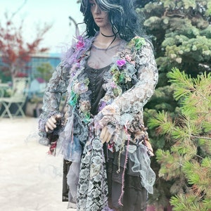 Art to wear bohemian lace jacket redesigned jacket in size M boho chic altered couture upcycled jacket mori girl fairy jacket embellished
