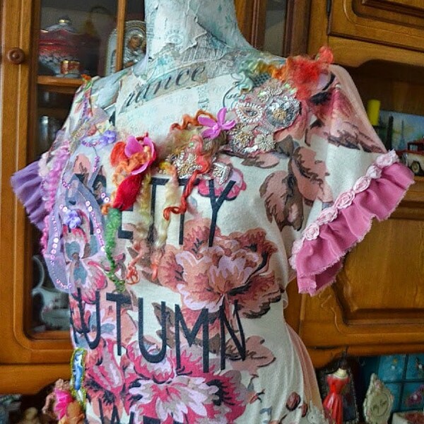 Upcycled top,art to wear,gypsy blouse,one of a kind top,mori girl blouse,boho altered couture shabby chic blouse Pretty Autumn Sweet