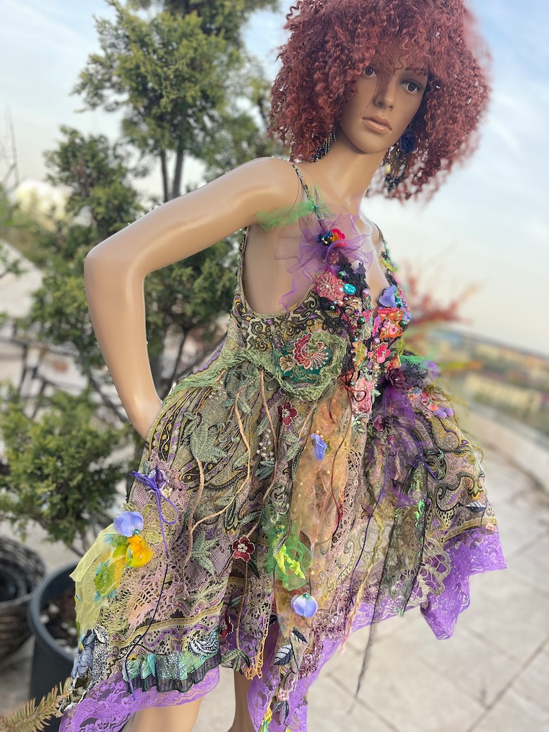 Bohemian tunic or short dress for woman in size S/M art to wear dress embellished upcycled dress boho chic dress fairy dress gypsy dress zdjęcie 1