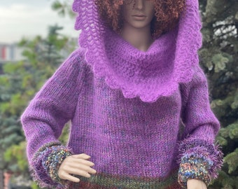 Lnitted/Crocheted woman swater  boho chic sweater wearable art sweater with capuchon purple green  sweater  for autumn /winter