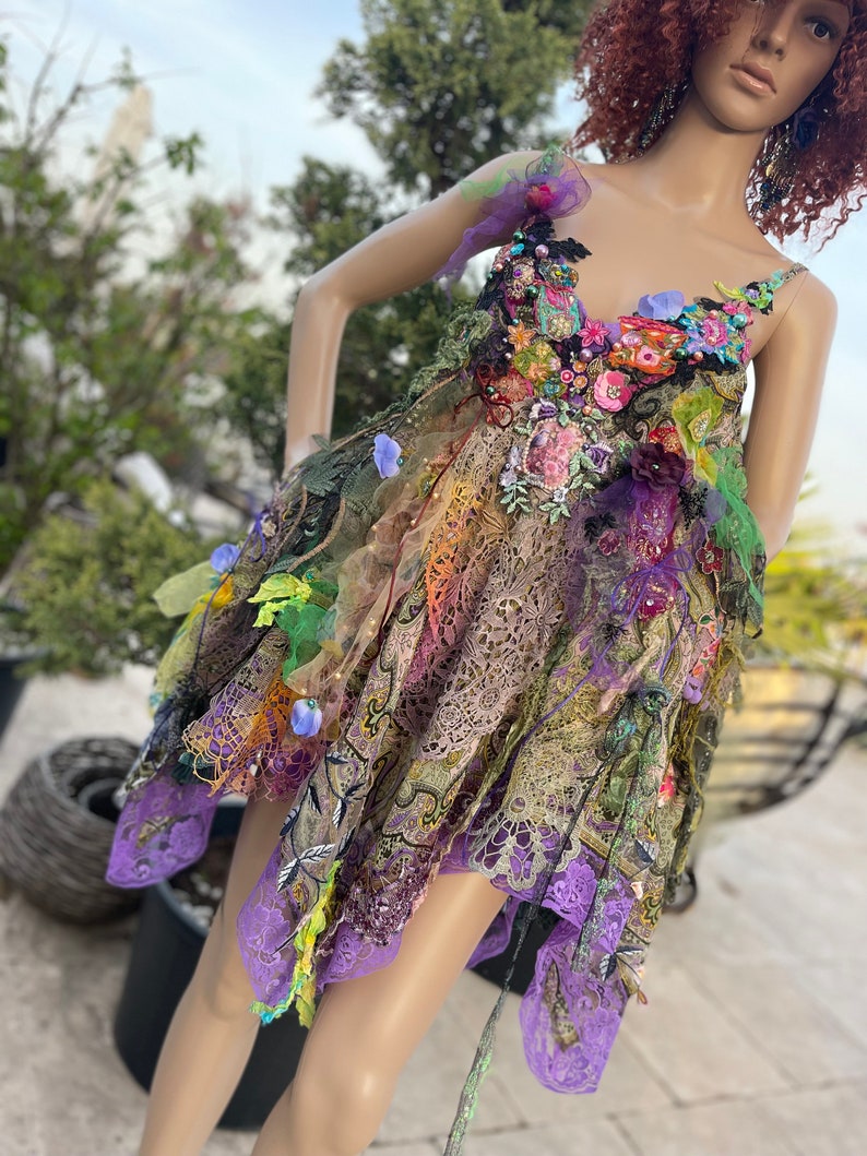 Bohemian tunic or short dress for woman in size S/M art to wear dress embellished upcycled dress boho chic dress fairy dress gypsy dress zdjęcie 2