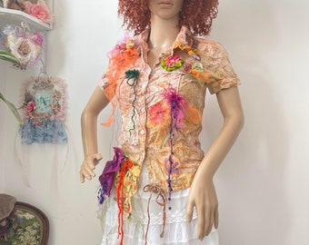 Boho chic spring /summer hand dyed cotton jacket in size S altered couture art to wear jacket embellished redesigned jacket fairy gypsy