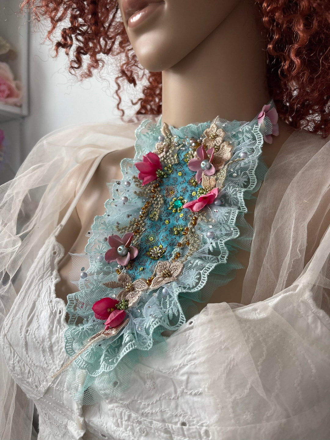 Bohemian Bib Necklace Jabot Ruffle Jabot Statement Bib Necklace Beaded