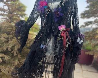 Bohemian long jacket woman jacket in size S/M made with elastic lace and plated tulle boho chic jacket art to wear halloween jacket