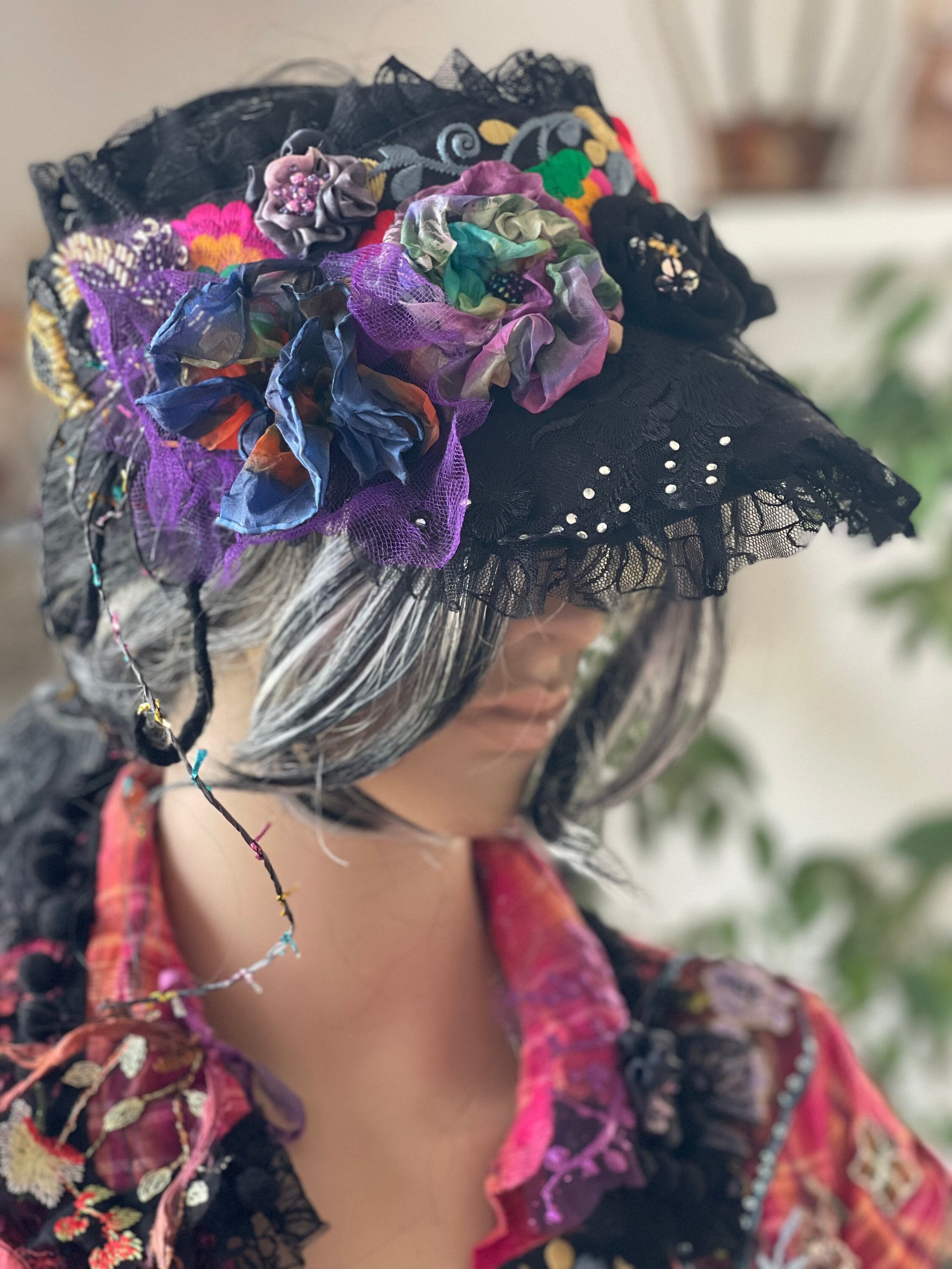 SALE! Upcycled Boho Black Floral Embellished Hat 90s Boho Black Velvet Bucket Hat Silk Flower - Etsy main image 3