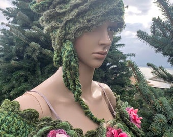 Crocheted hat for woman hat with flower bohemian hat chunky hat fairy gypsy hat mori girl gift for her green hat artsy hat boho chic