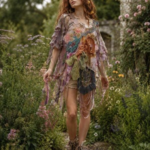 Op de afbeelding: Een ruimvallende tuniek met meerdere texturen, voorzien van een versleten gelaagd ontwerp met gerafelde randen, bloemmotieven en diverse stoffen patches in tinten paars, groen en oranje, gecombineerd met een beige korte broek en bruine veterschoenen.