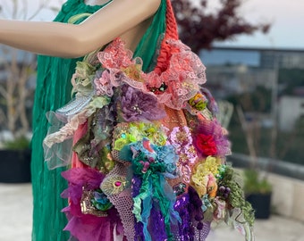 Bohemian bag art to wear woman bag embellished redesigned bag wearable art boho mori girl embroidered beaded artsy bag gypsy hippie