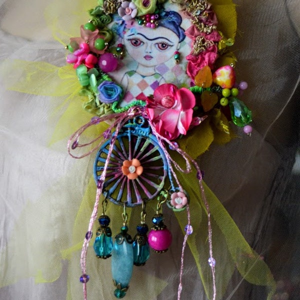 Frida brooch unique gift art to wear brooch gypsy jewelry fairy brooch embroidered brooch flower brooch mixed media brooch