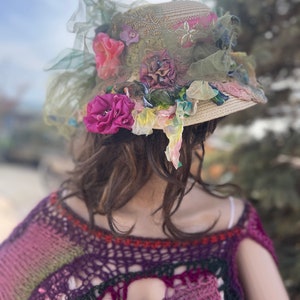 Art to wear lente/zomer hoed verfraaide hoed boho chic mori girl country chic shabby chic hoed boho hoed