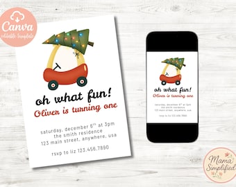 May include: A birthday invitation featuring a cartoon car with a Christmas tree. The text says "oh what fun! Oliver is turning one." The invitation includes date, time, location, and RSVP details. A phone shows the same design.