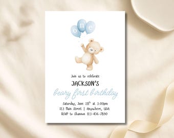 Beary First Birthday Invitation: Editable Canva Template (Digital Download)