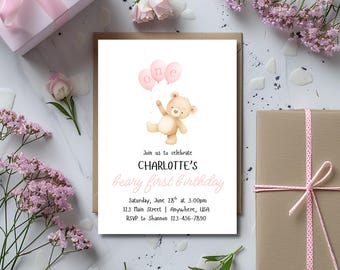 Beary First Birthday Invitation: Editable Canva Template (Digital Download)