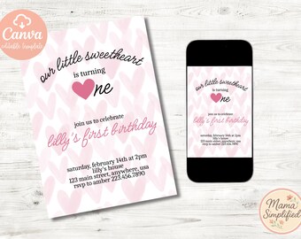 Our little Sweetheart First Birthday Invitation: Editable Heart Template (Digital Download)