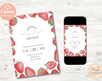 Berry First Birthday Invitation: Editable Strawberry Template (Digital Download)