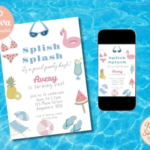 Splish Splash Pool Party Bash Verjaardagsuitnodiging | Digitale download | Bewerkbare sjabloon