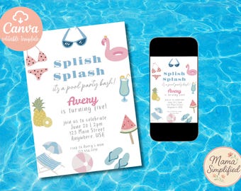 Splish Splash Pool Party Bash Birthday Invite | Digital Download | Editable Template