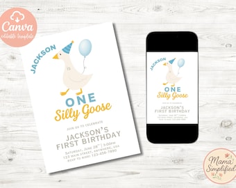 One Silly Goose First Birthday Invite | Digital Download | Editable Template