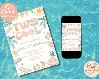 Two Cool Pool Party Birthday Invitation | Editable Canva Template (Digital Download)